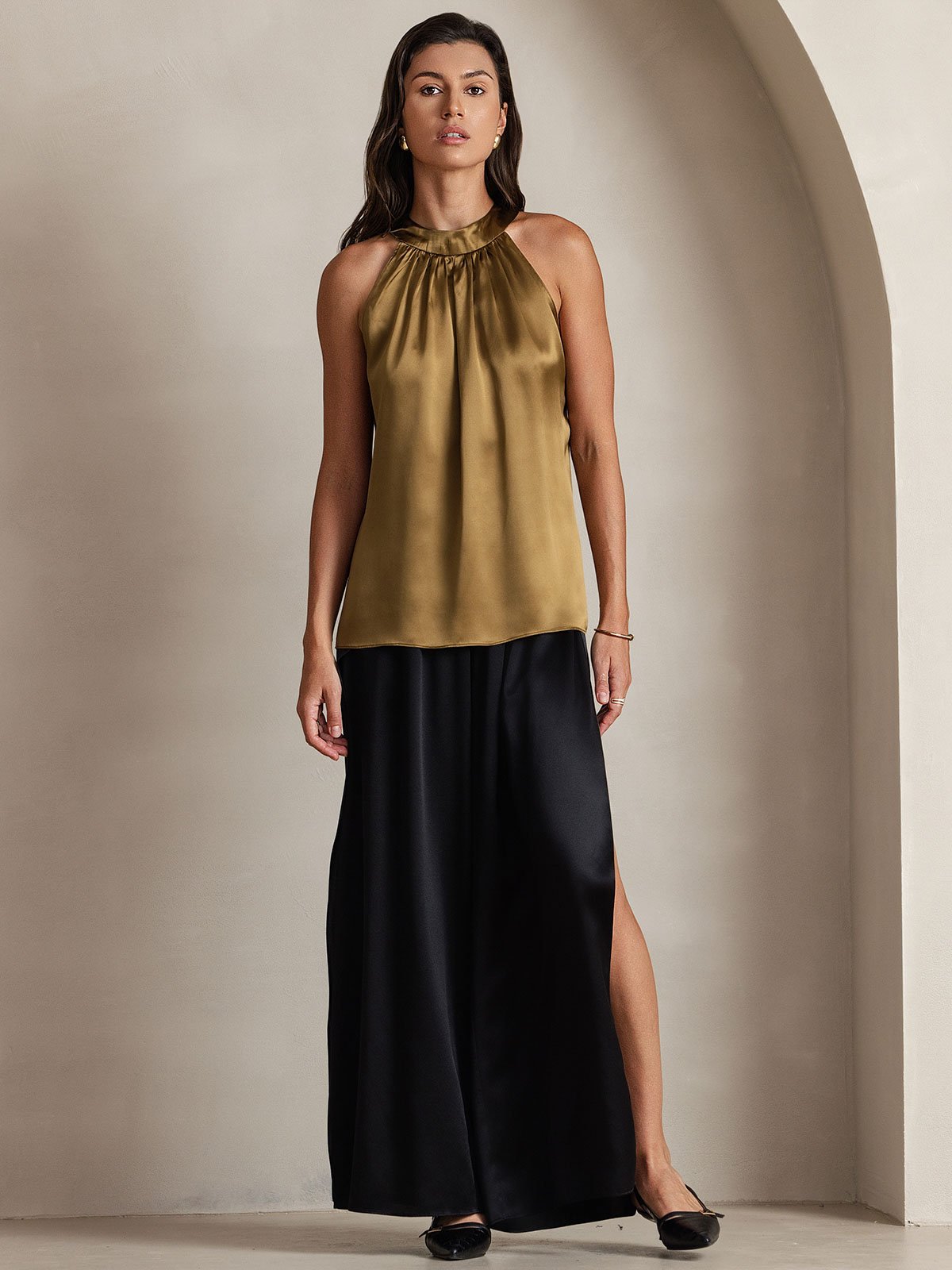 [Brun] SilkSilky-FR 19Momme Soie Sans manches Womens T-Shirt 003