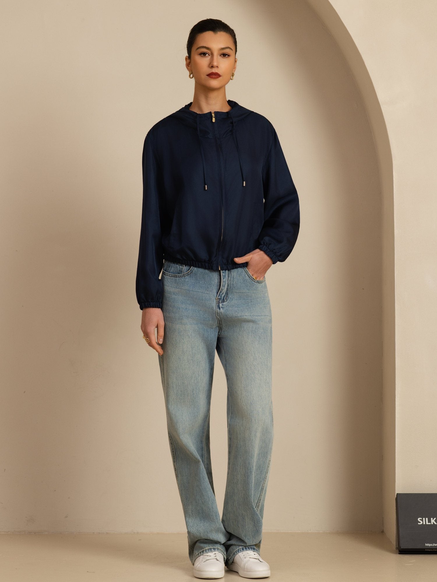 [BleuFoncé] SilkSilky-FR 18Momme Manches longues Col Montant Femme Manteaux 007