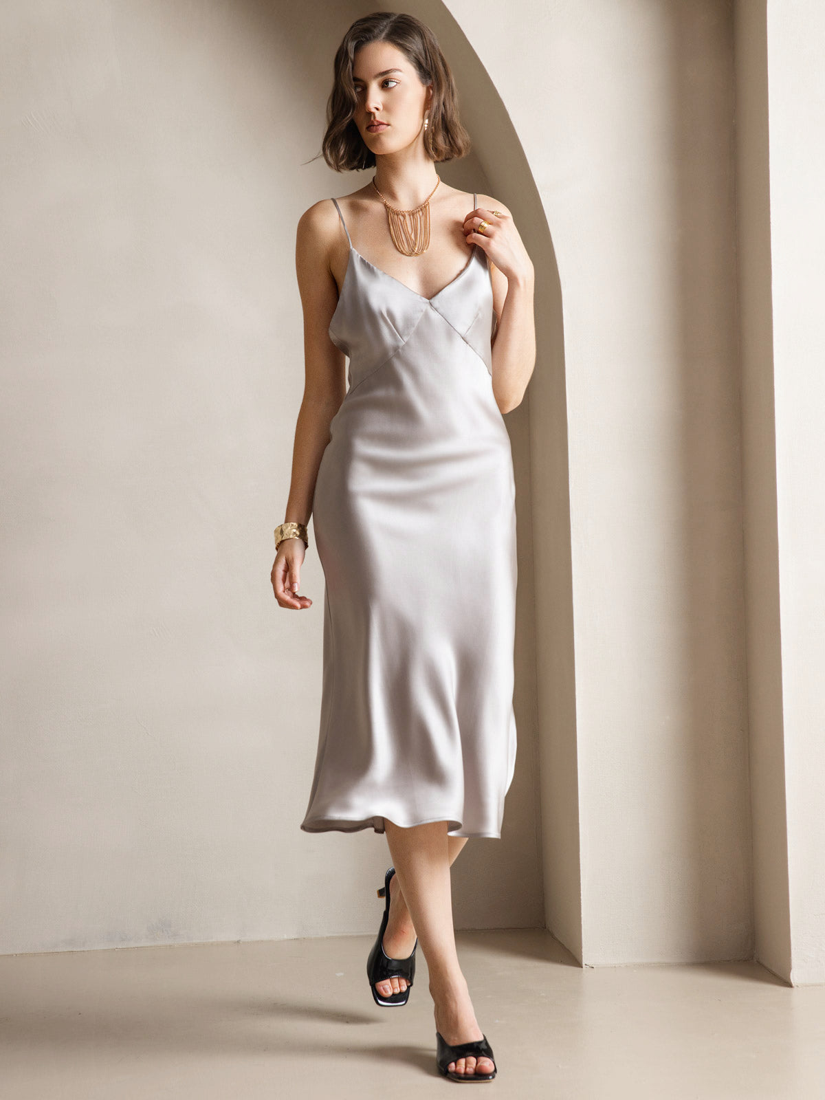 [Gris] SilkSilky-FR 19Momme Pure Soie Col en V Robes 006