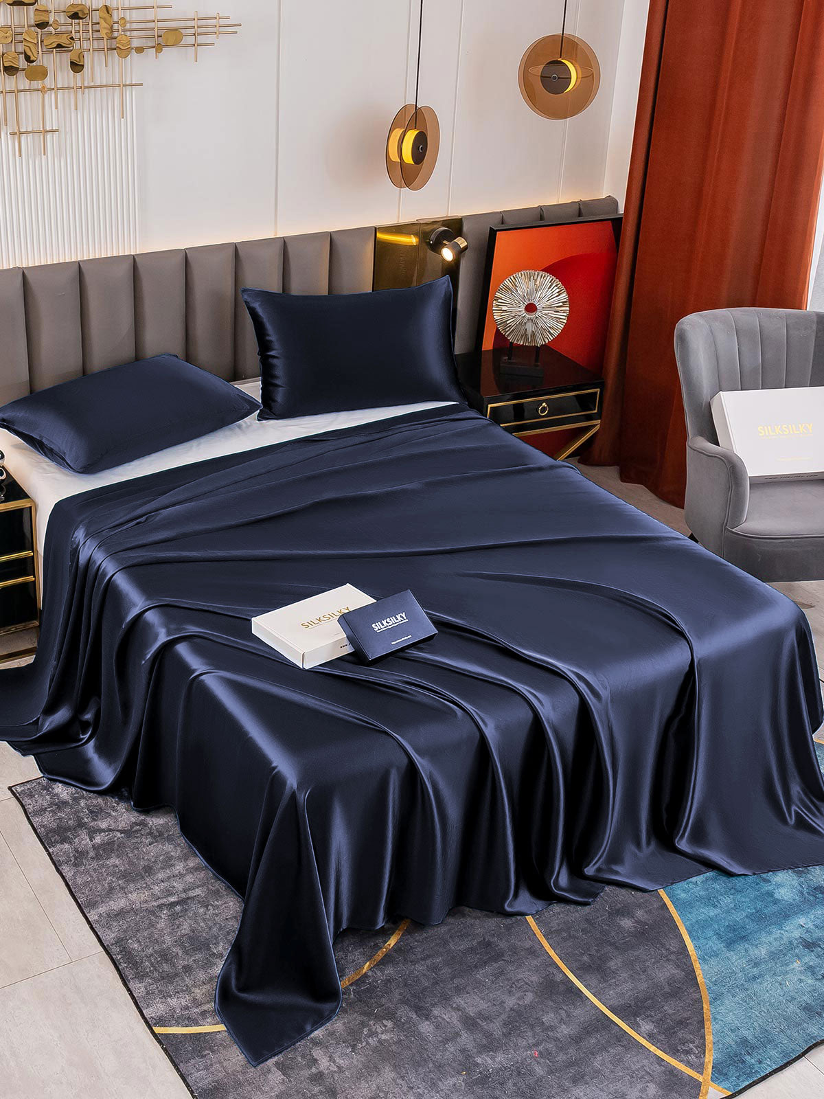 [Bleu Foncé] SilkSilky-FR 19Momme Pure Soie Bedding Set 001