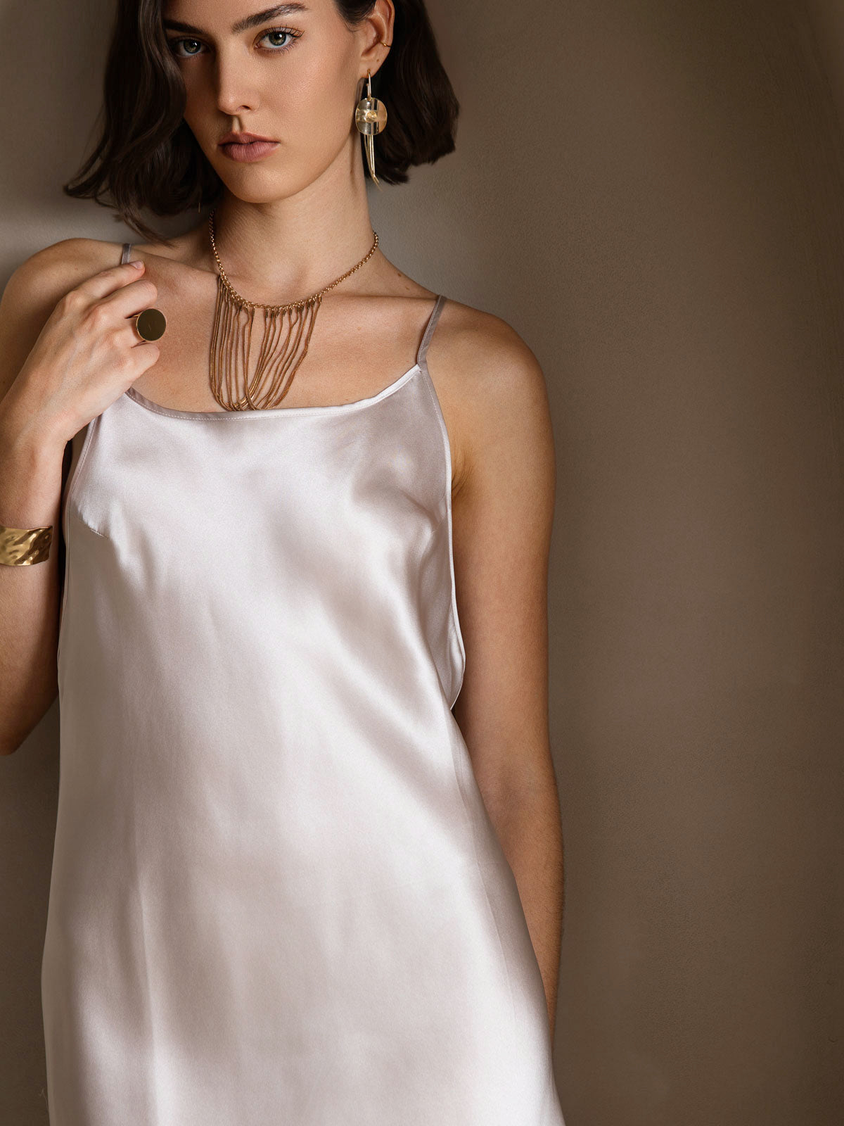 [Beige] SilkSilky-FR Pure Soie Col Rond Robes 005