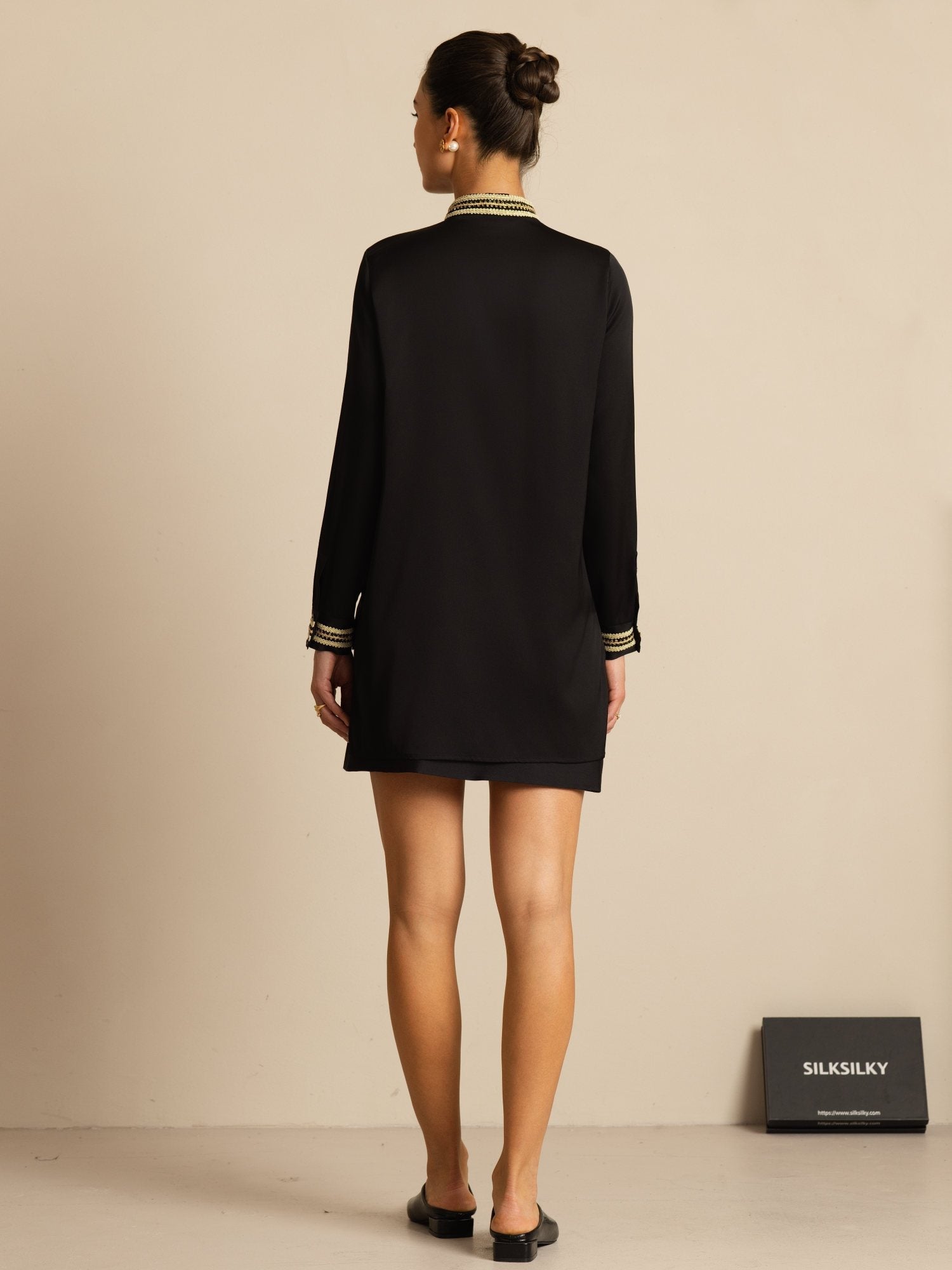 [Noir] SilkSilky-FR 19Momme Soie Manches longues Col Montant Blouse 007