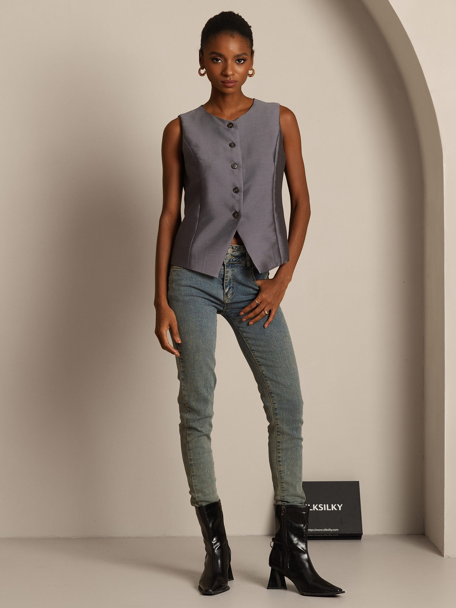 [Gris] SilkSilky-FR 32Momme Soie Womens Vest 008,