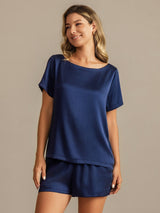 [Bleu Foncé] SilkSilky-FR 19Momme Manches courtes Col Rond Femme Pyjamas 007