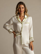 [Blanc] SilkSilky-FR Manches longues Col Cranté Femme Pyjamas 003