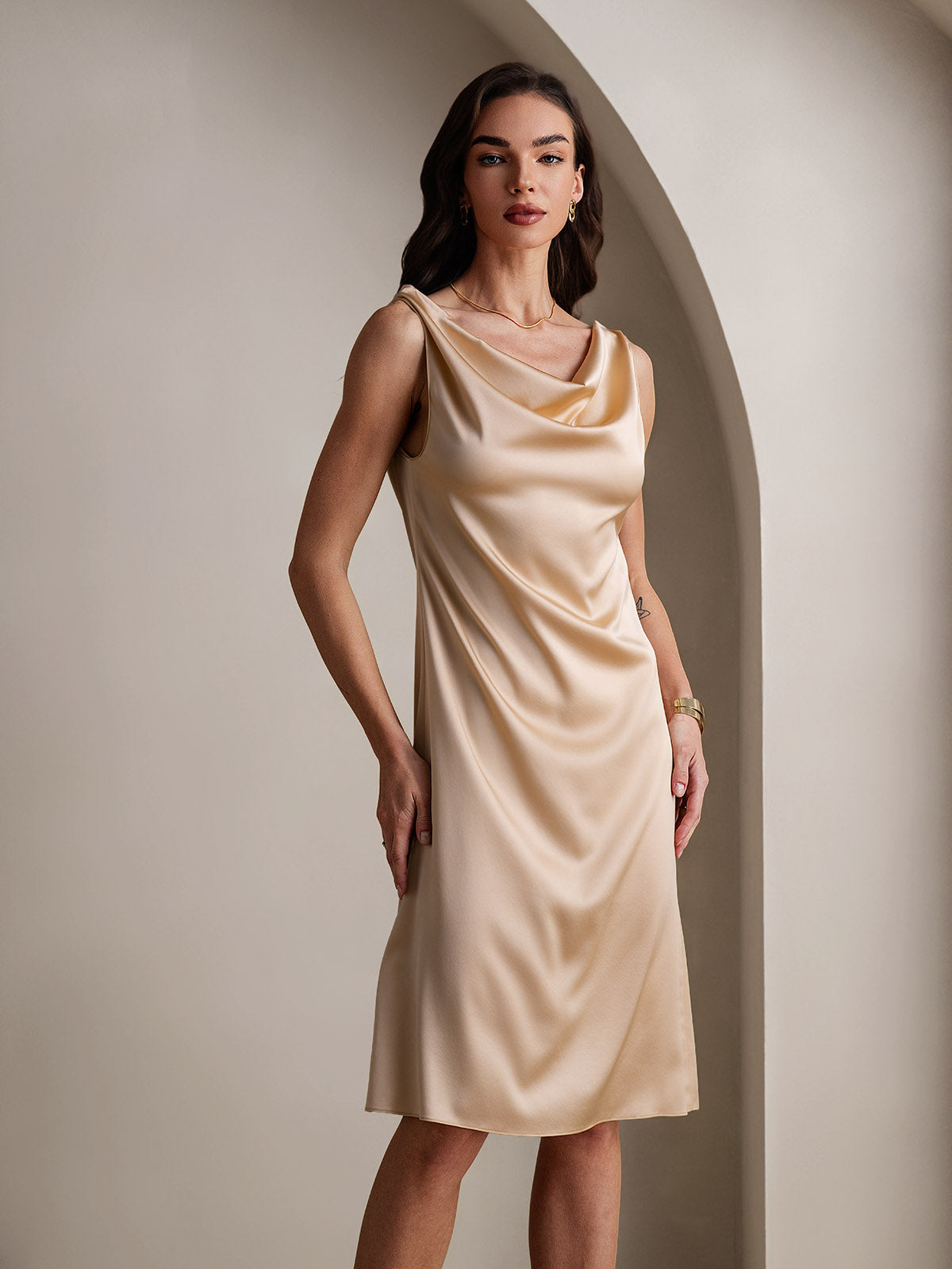 [Champagne] SilkSilky-FR 19Momme Soie Sans manches Col Bénitier Robes 003
