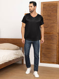 SilkSilky FR Pure Soie Manches courtes Col en V Homme T Shirt Noir 003