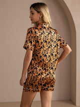 [Tigre Noir] SilkSilky-FR Short Sleeve Lapel Collar Femme Pyjamas 002
