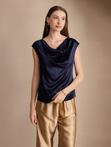 [Bleu Foncé] SilkSilky-FR Cap Sleeve Cowl Neck Femme T-Shirt 001