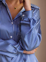 [Rayures Fines Bleues] SilkSilky-FR Long Sleeve Lapel Collar Femme Chemise 006