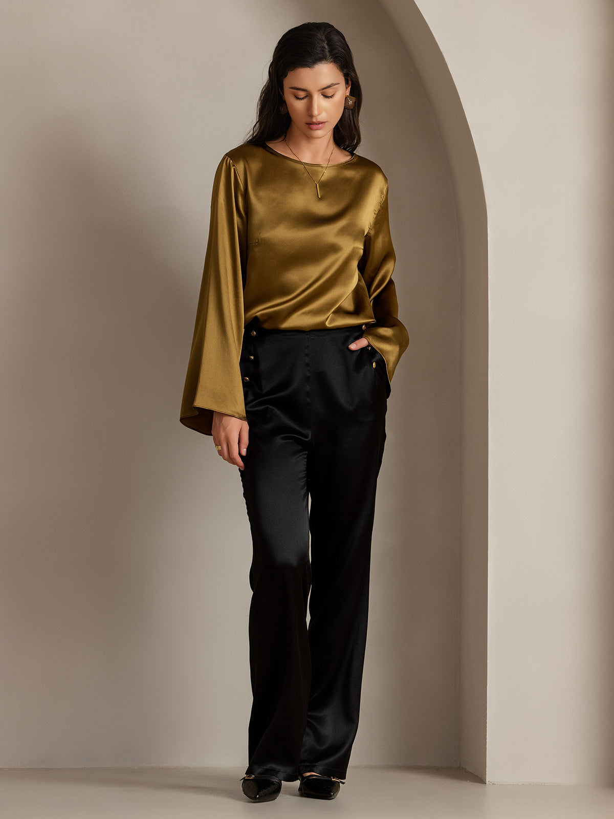 [Noir] SilkSilky-FR 19Momme Soie Womens Pants 007