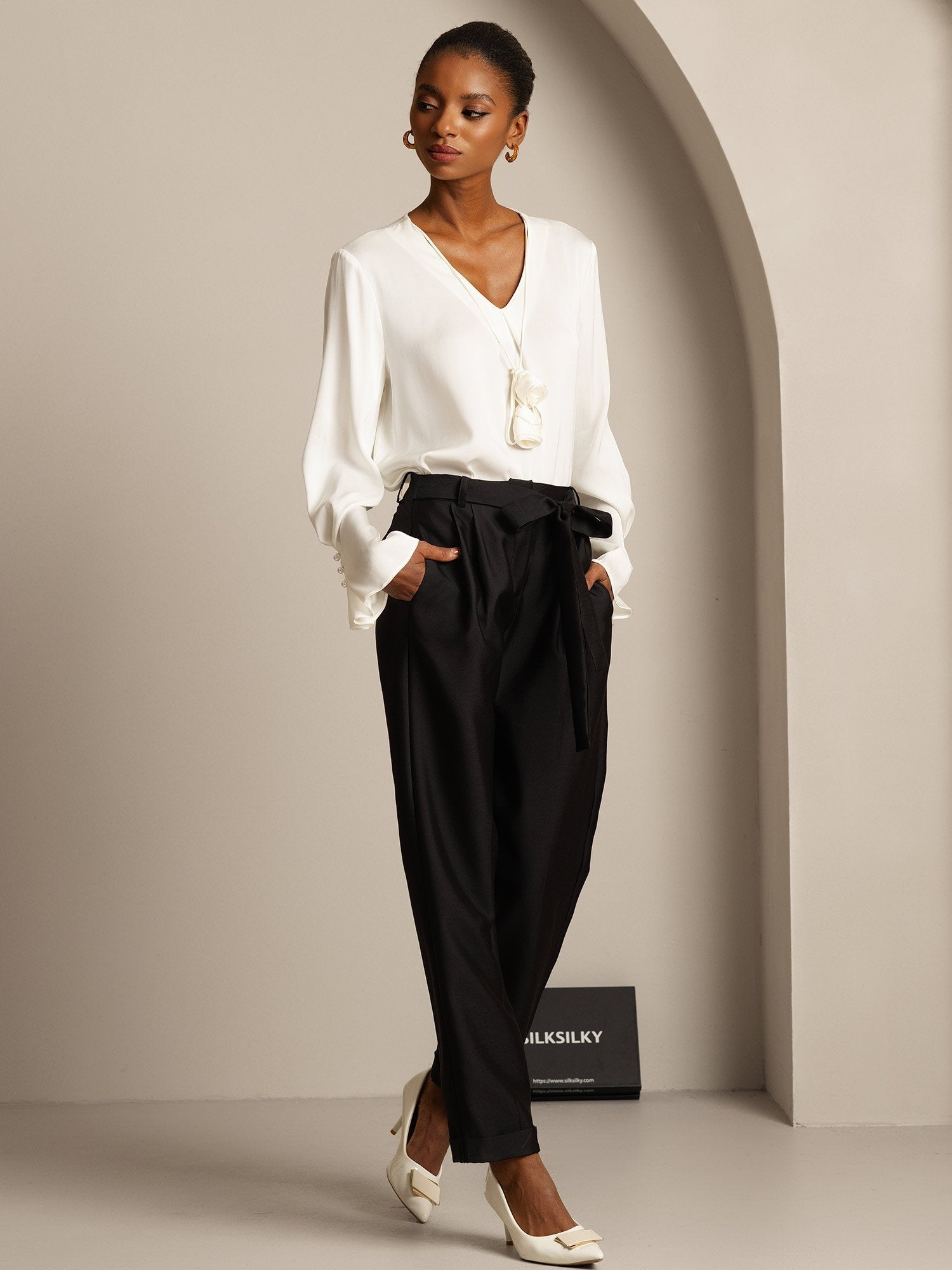 [Noir] SilkSilky-FR 32Momme Soie Womens Pants 005