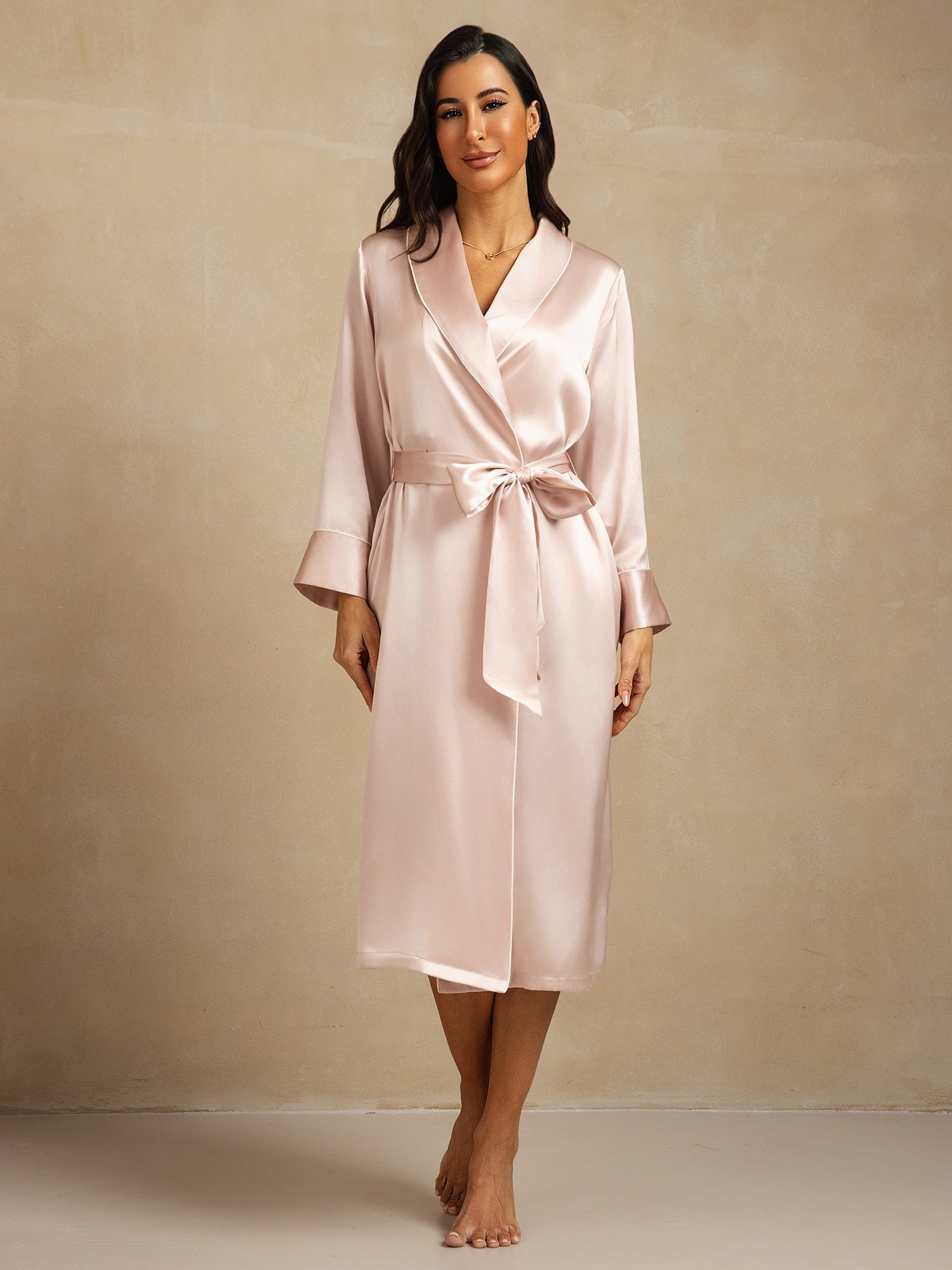 [Rose] SilkSilky-FR Soie Col Chemise Femme Peignoir 003