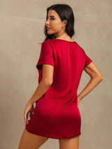 [Rouge Vineux] SilkSilky-FR 19Momme Manches courtes Col Rond Chemises de nuit 002