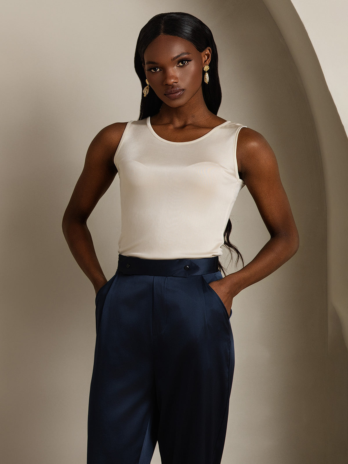 [Beige] SilkSilky-FR Soie Tricotée Col Rond Femme T-Shirt 001