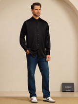 [Noir] SilkSilky-FR Long Sleeve Stand Collar Homme Chemise 008
