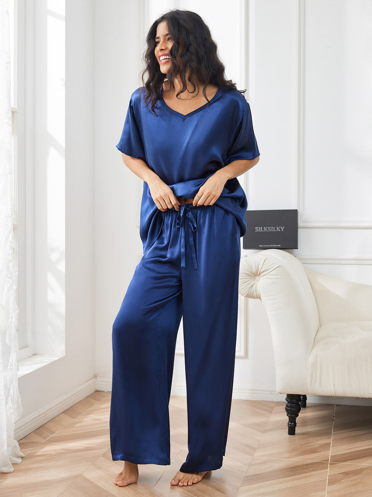 SilkSilky FR Pure Soie Manches courtes Col en V Femme Pyjamas BleuFoncé 004