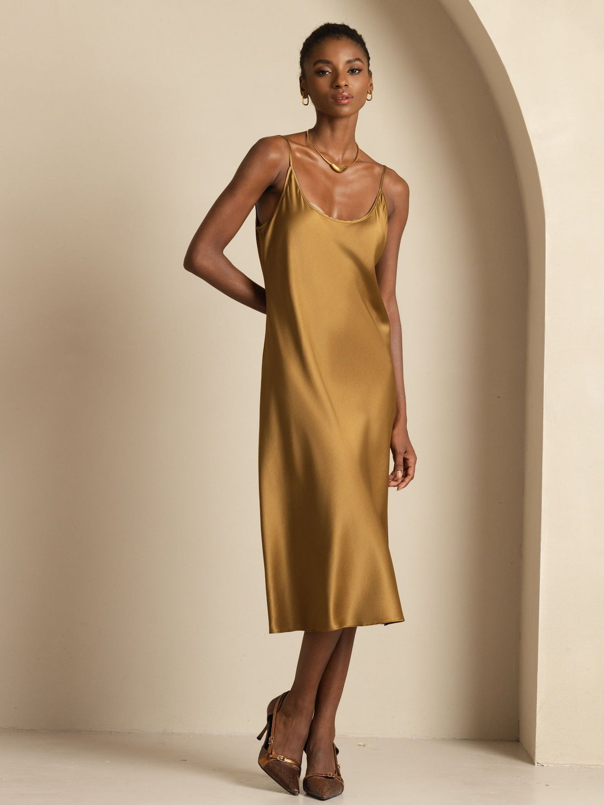 [Brun] SilkSilky-FR Sleeveless Col en U Robes 001
