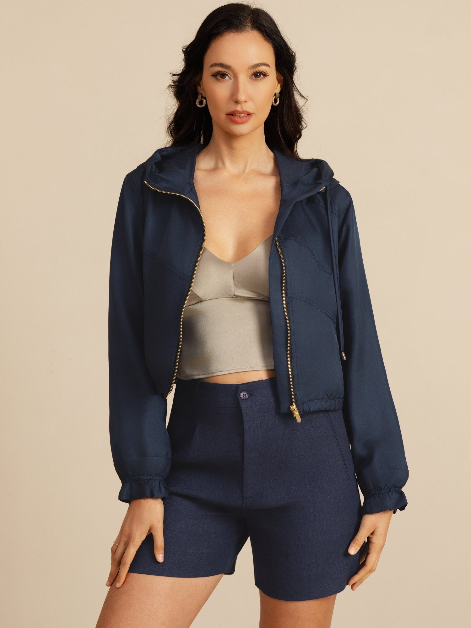 [BleuFoncé] SilkSilky-FR 18Momme Manches longues Col Haut Femme Manteaux 006