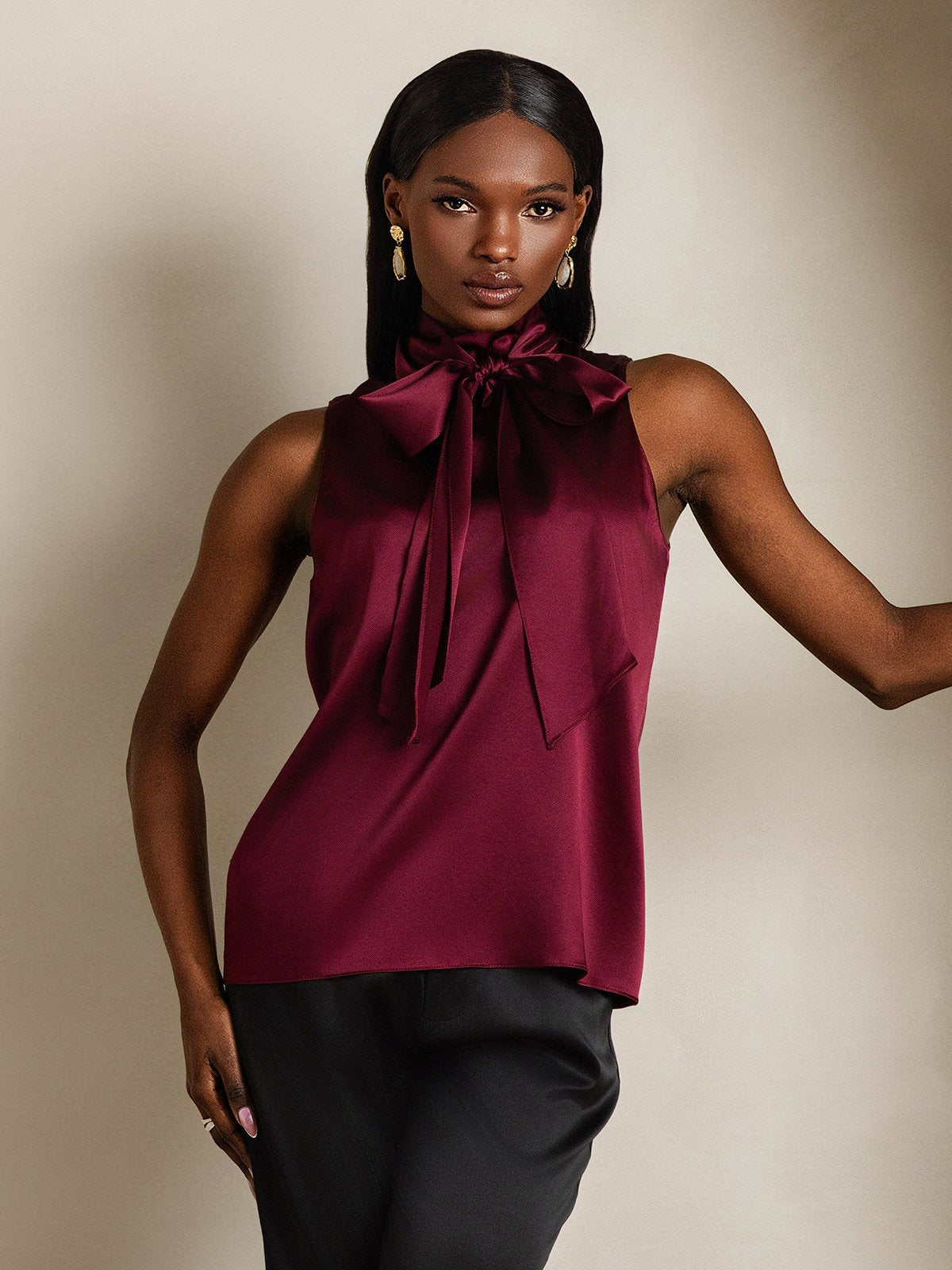 SilkSilky-FR 19Momme Soie Nœud à l'encolure Femme Chemise RougeFoncé 003