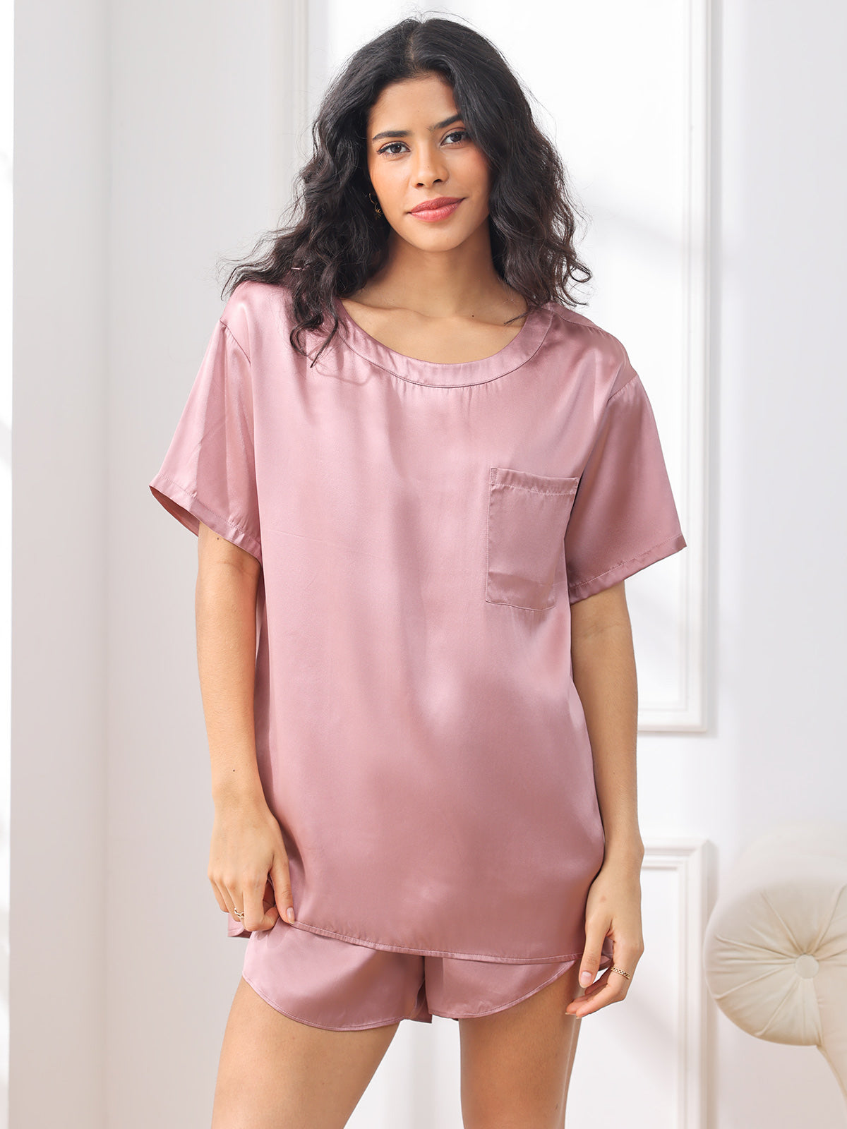 SilkSilky-FR Pure Soie Manches courtes Col Rond Femme Pyjamas MauvePâle 003