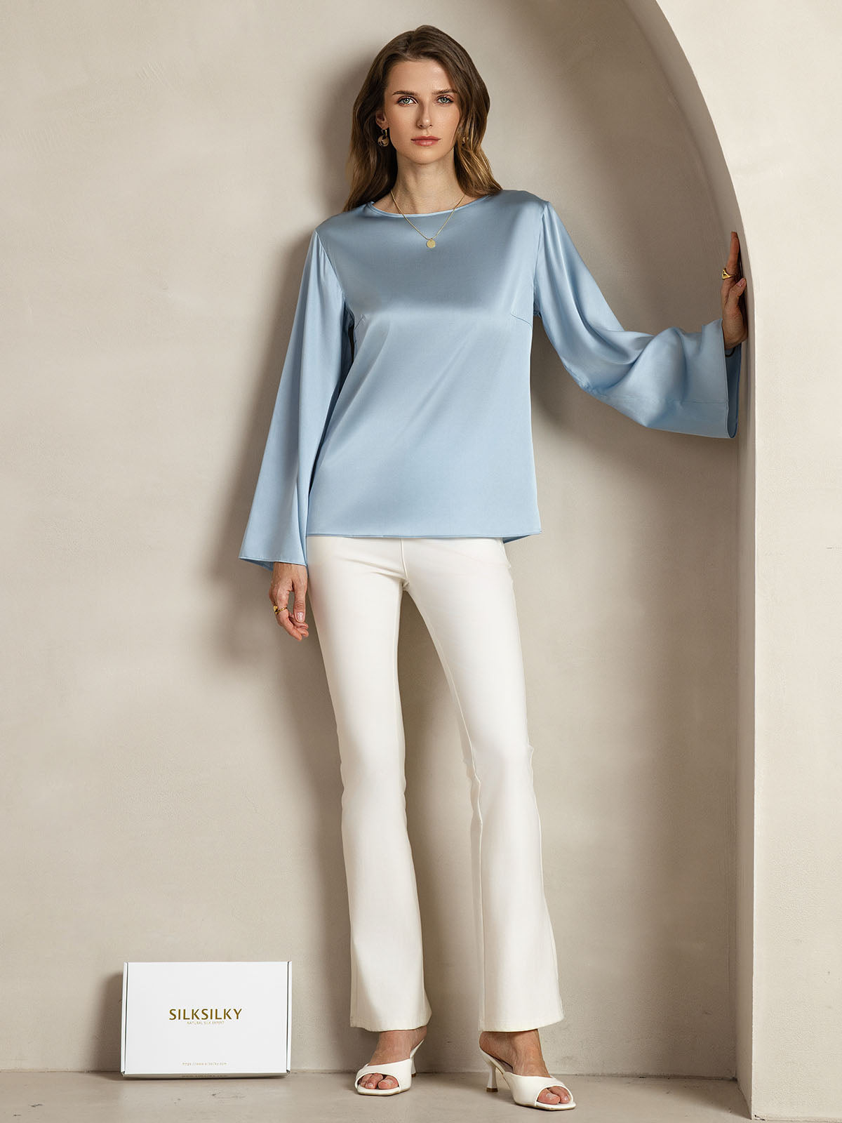 [Bleu Grisâtre] SilkSilky-FR 19Momme Soie Col Rond Femme T-Shirt 003