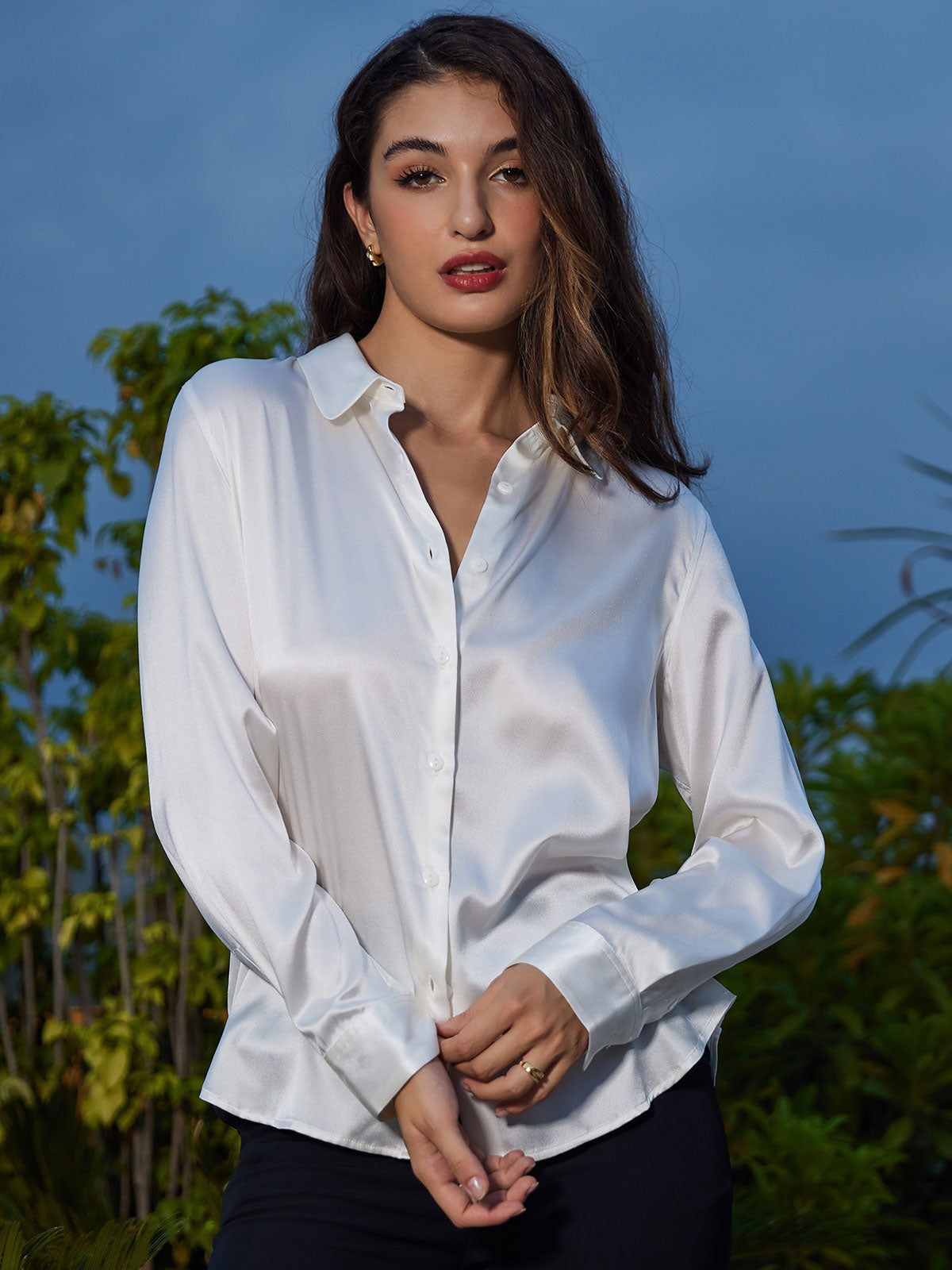 [Blanc] SilkSilky-FR Soie Col Chemise Femme Chemise 004