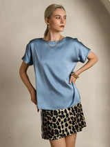 [Bleu Grisâtre] SilkSilky-FR Short Sleeve Boat Neck Femme T-Shirt 004