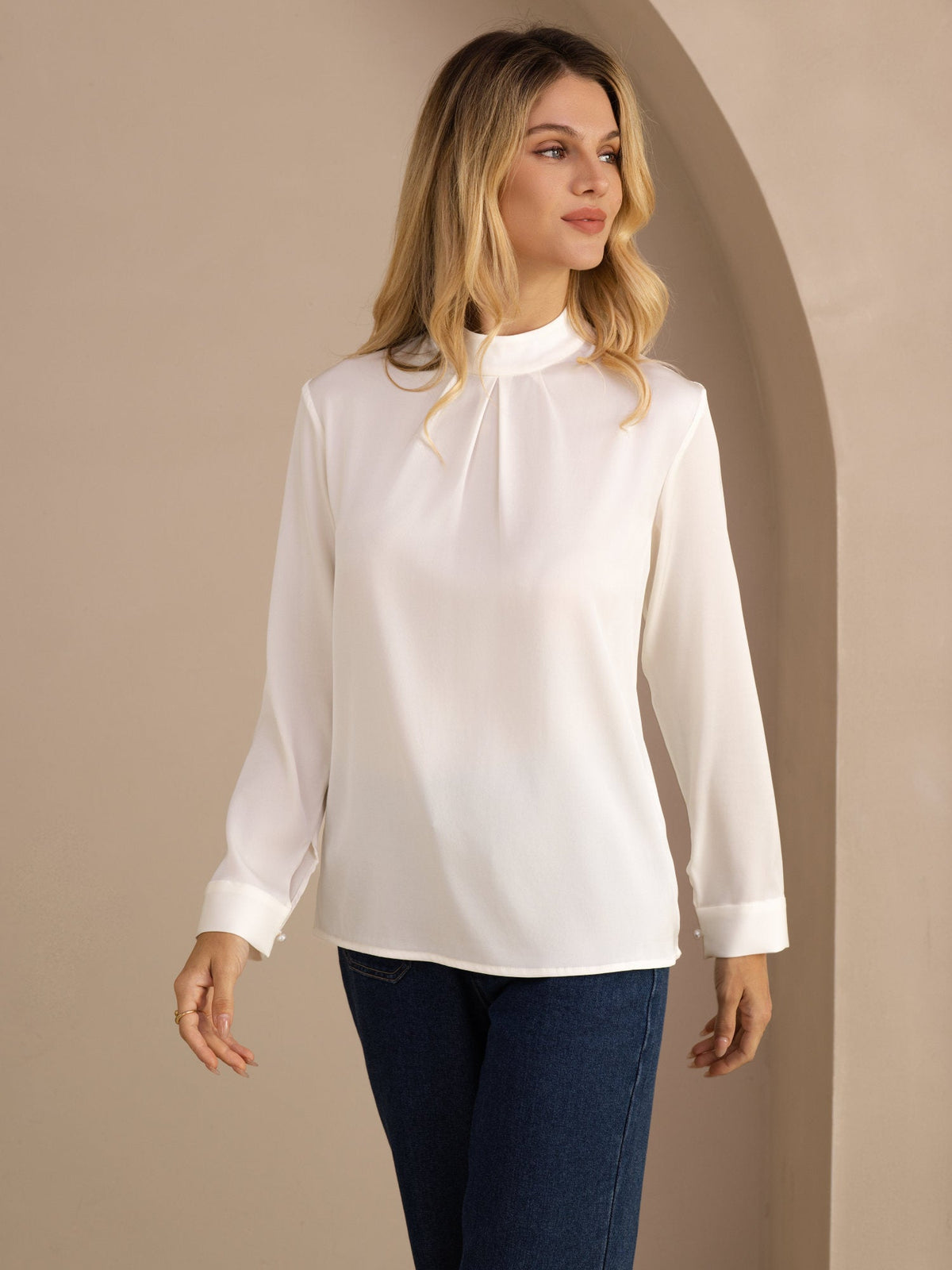 [Blanc] SilkSilky-FR Long Sleeve Stand Collar Blouse 001
