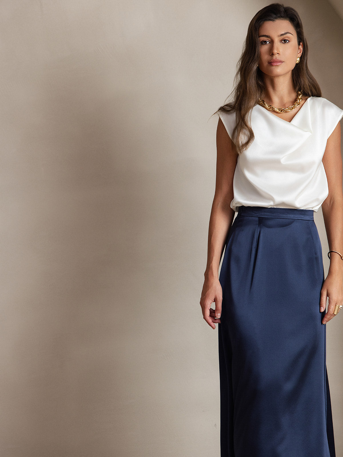 [Blanc] SilkSilky-FR 19Momme Soie Col Bénitier Femme T-Shirt 003