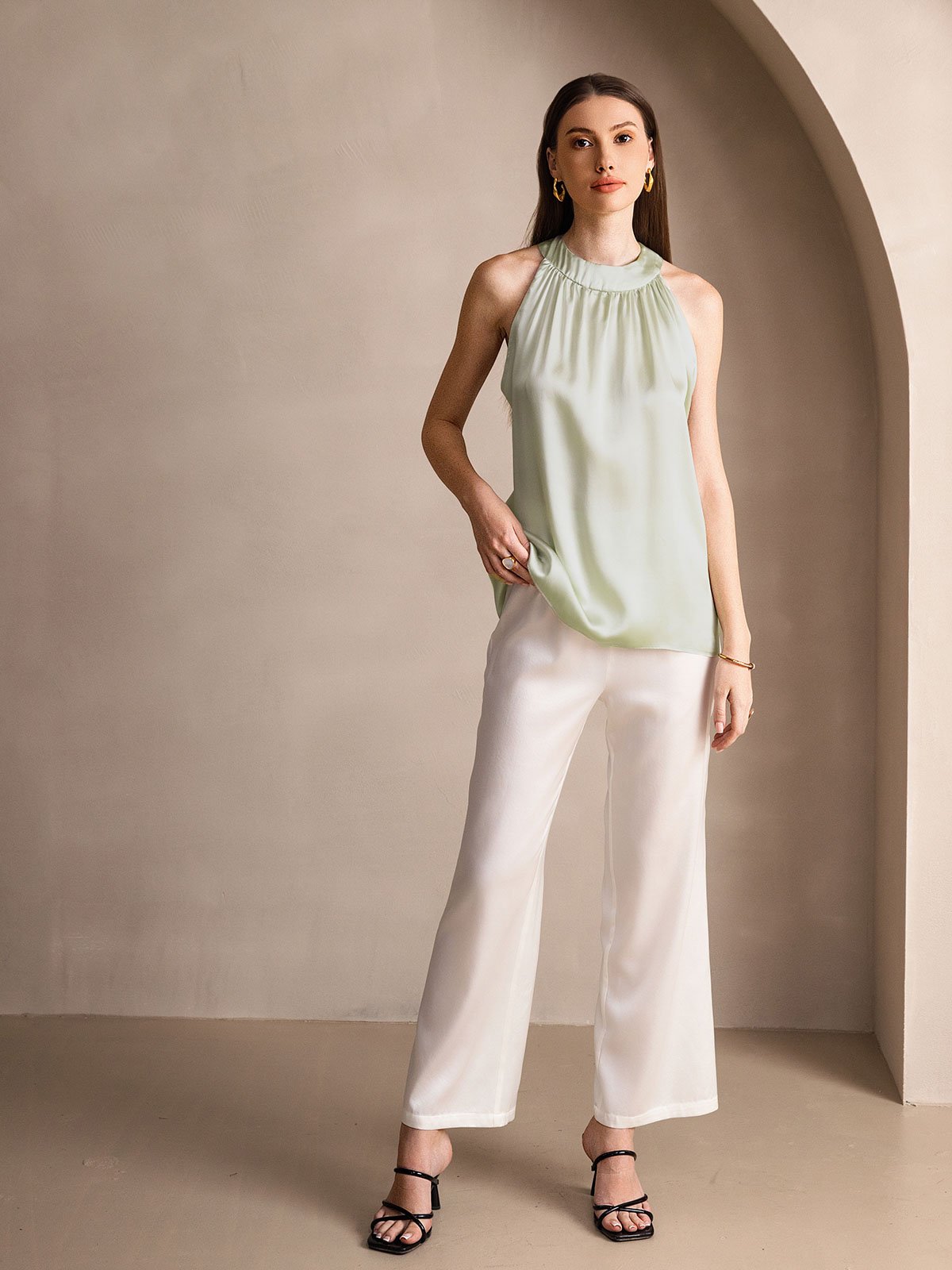 [Vert Clair] SilkSilky-FR 19Momme Soie Sans manches Womens T-Shirt 005