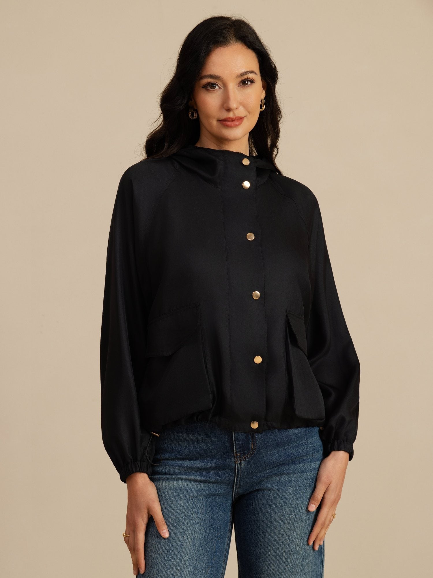 [Noir] SilkSilky-FR Manches longues Col Haut Femme Manteaux 005