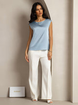 [Bleu Grisâtre] SilkSilky-FR Cap Sleeve Round Neck Femme T-Shirt 003