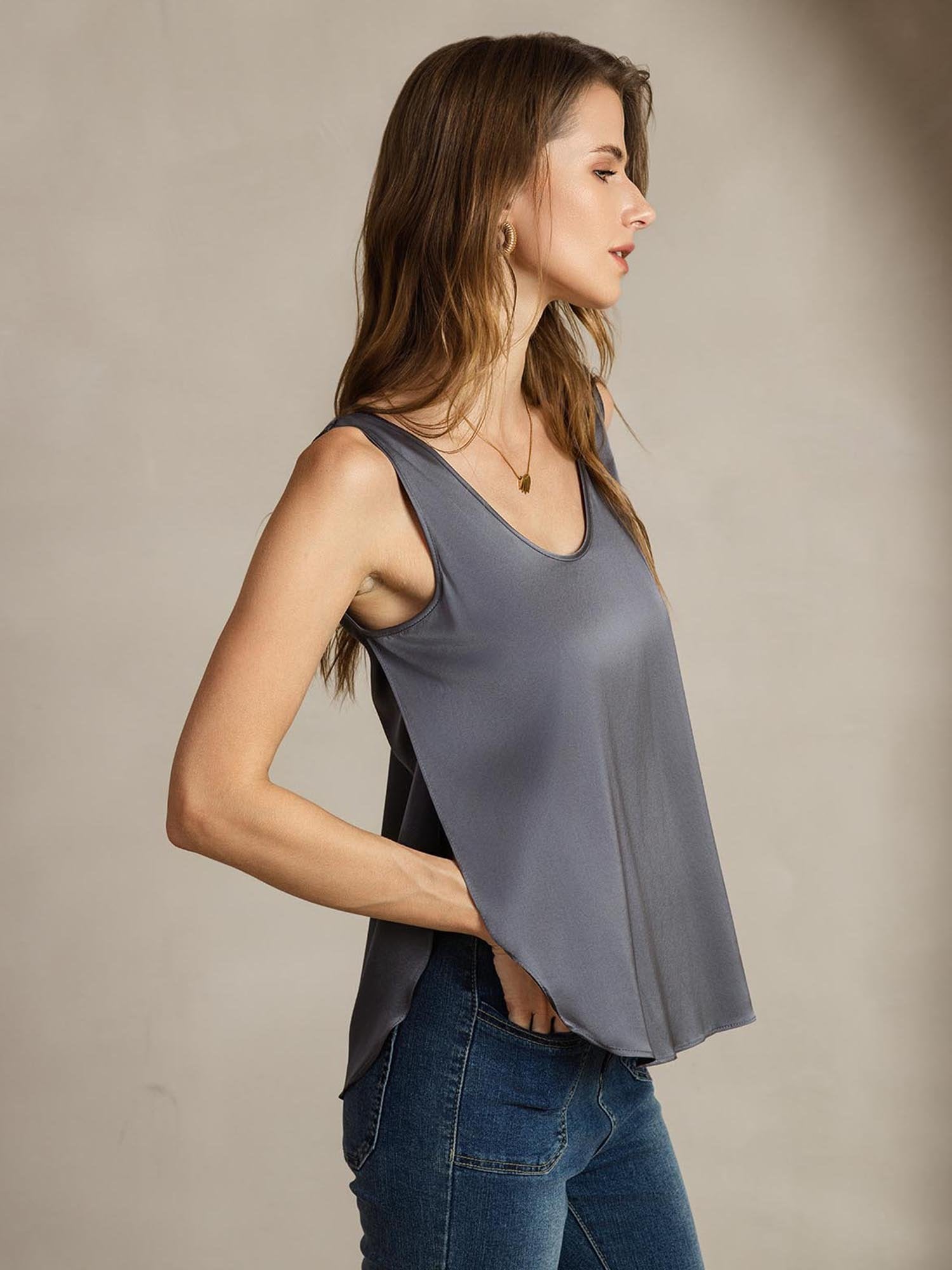 [GrisFoncé] SilkSilky-FR 19Momme Soie Womens T-Shirt 004
