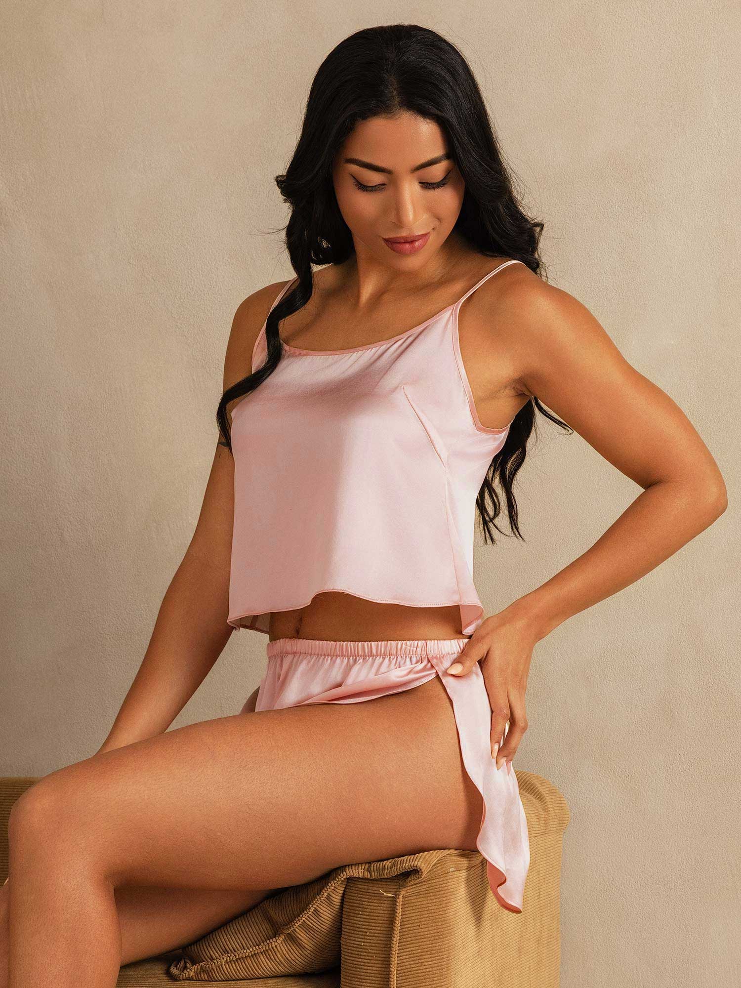 [Rose] SilkSilky-FR Pure Soie Col Rond Ensemble Camisole 003