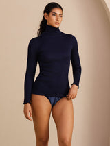 [Bleu Foncé] SilkSilky-FR Long Sleeve Turtle Neck Femme T-Shirt 004