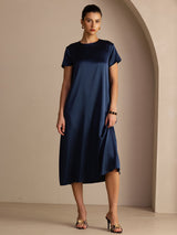 [Bleu Foncé] SilkSilky-FR Short Sleeve Round Neck Robes 003