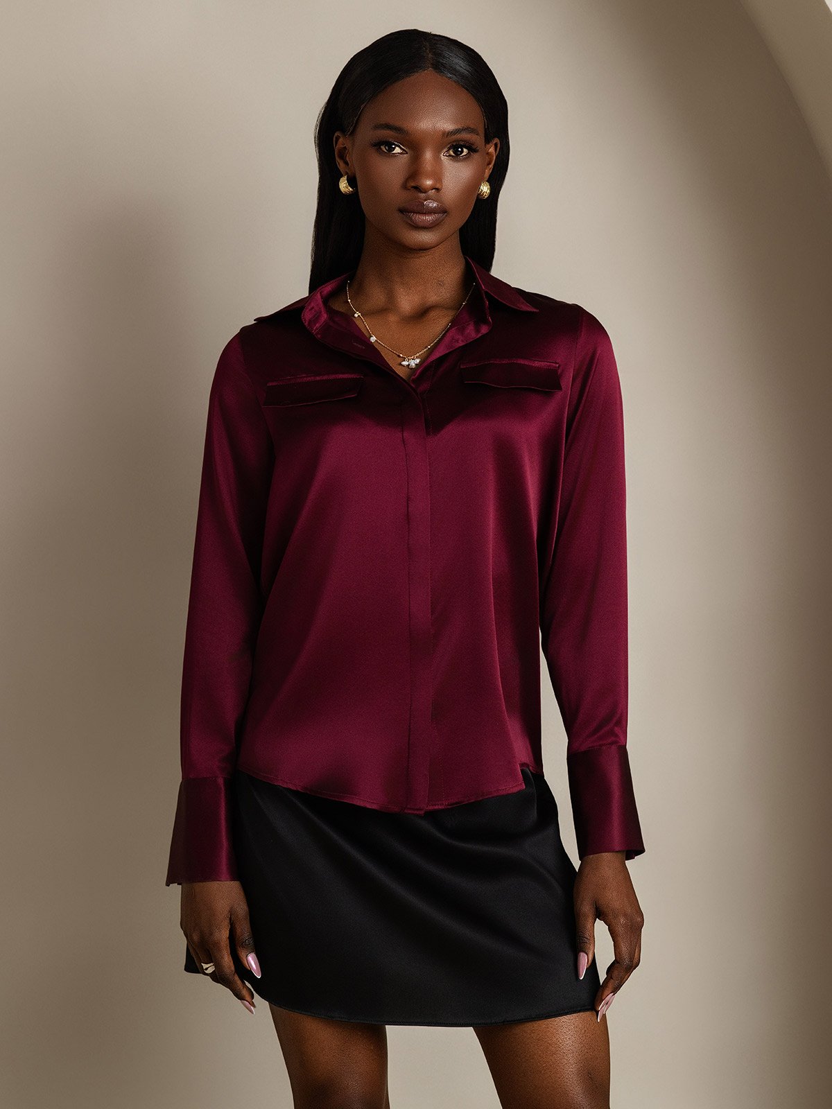 SilkSilky-FR 19Momme Soie Manches longues Col Chemise Femme Chemise RougeFoncé 004