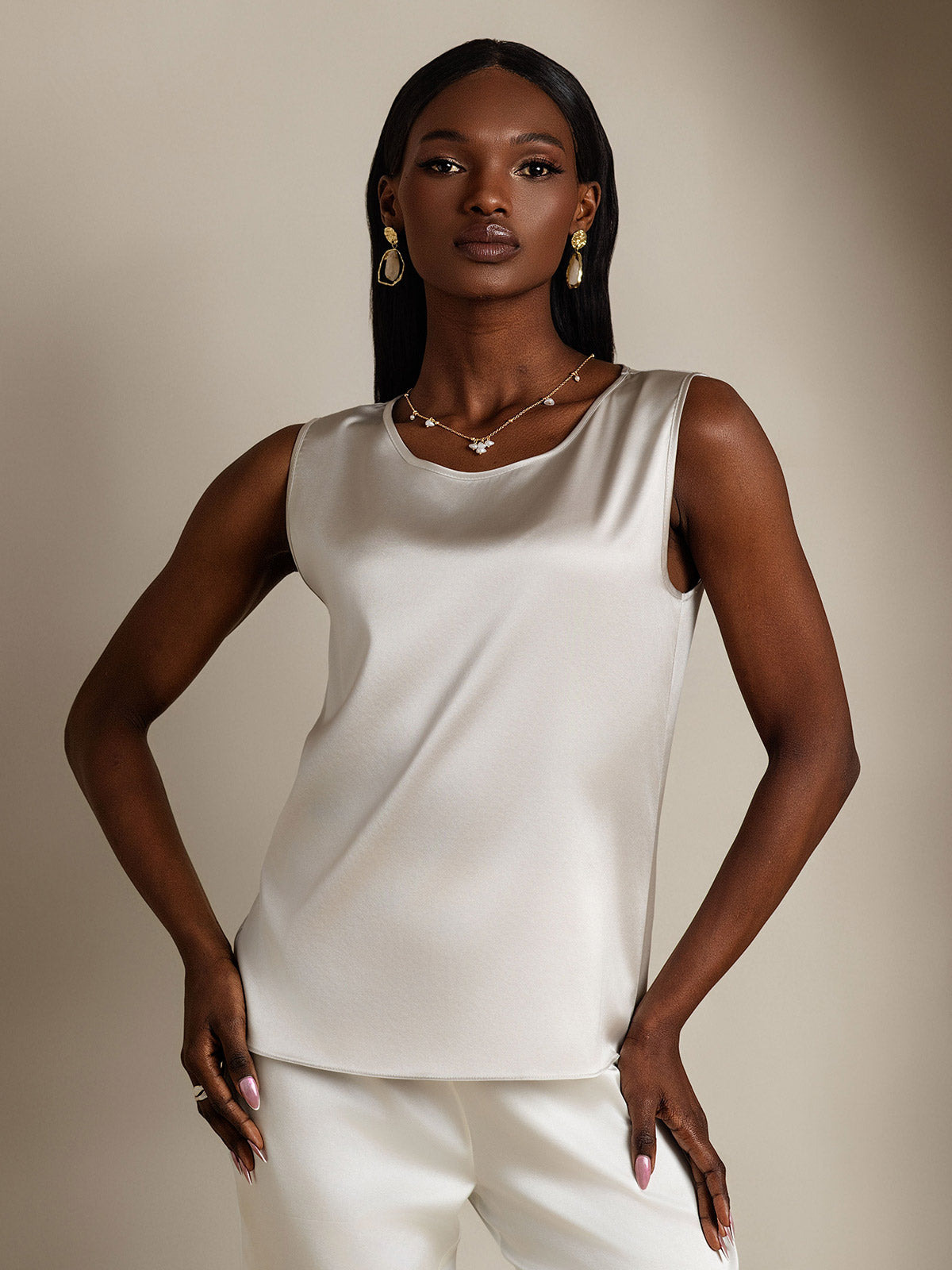 [Gris Clair] SilkSilky-FR 19Momme Sans manches Col Rond Top À Fines Brides 001