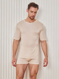 SilkSilky-FR Soie Tricotée Manches courtes Col en V Homme T-Shirt Beige 001