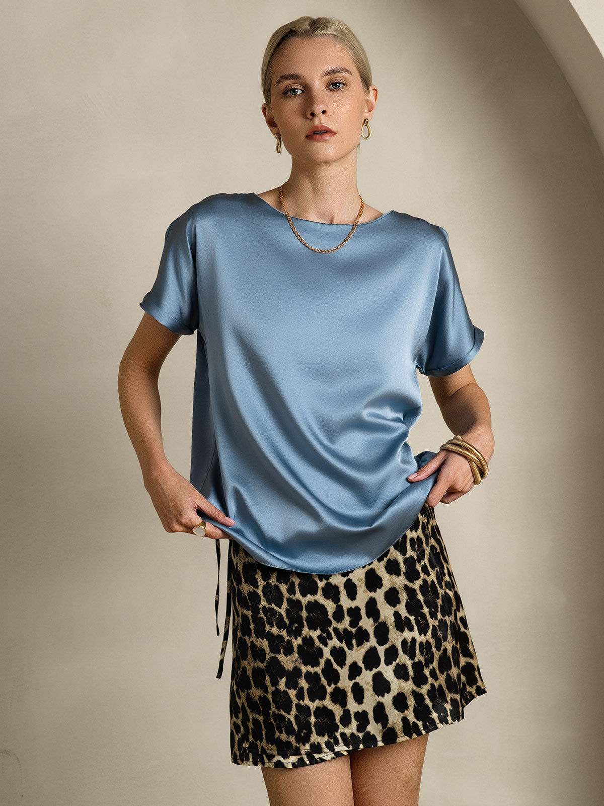 [Bleu Grisâtre] SilkSilky-FR 19Momme Soie Col Rond Femme T-Shirt 001