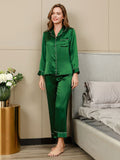 SilkSilky FR Pure Soie Manches longues Revers Femme Pyjamas Vert 004