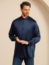 [Bleu Foncé] SilkSilky-FR Long Sleeve Stand Collar Homme Chemise 005
