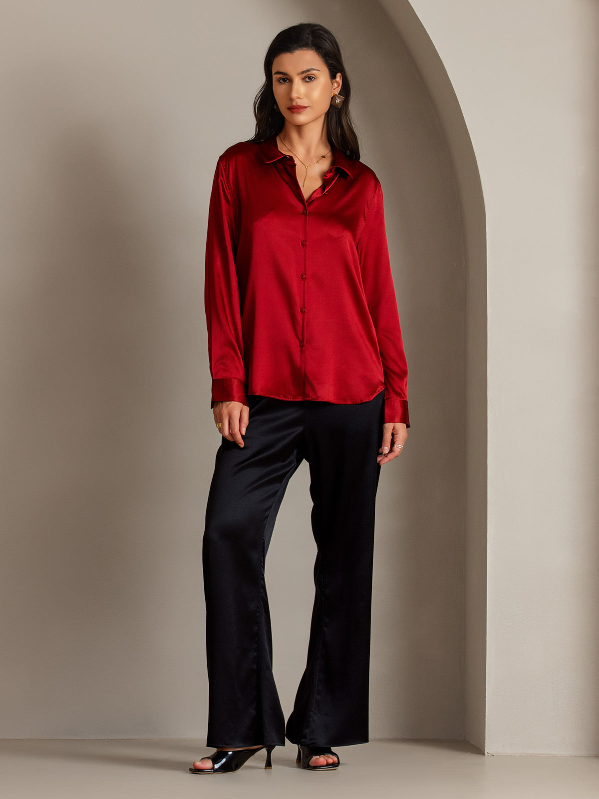 [Rouge] SilkSilky-FR Soie Col Chemise Femme Chemise 005