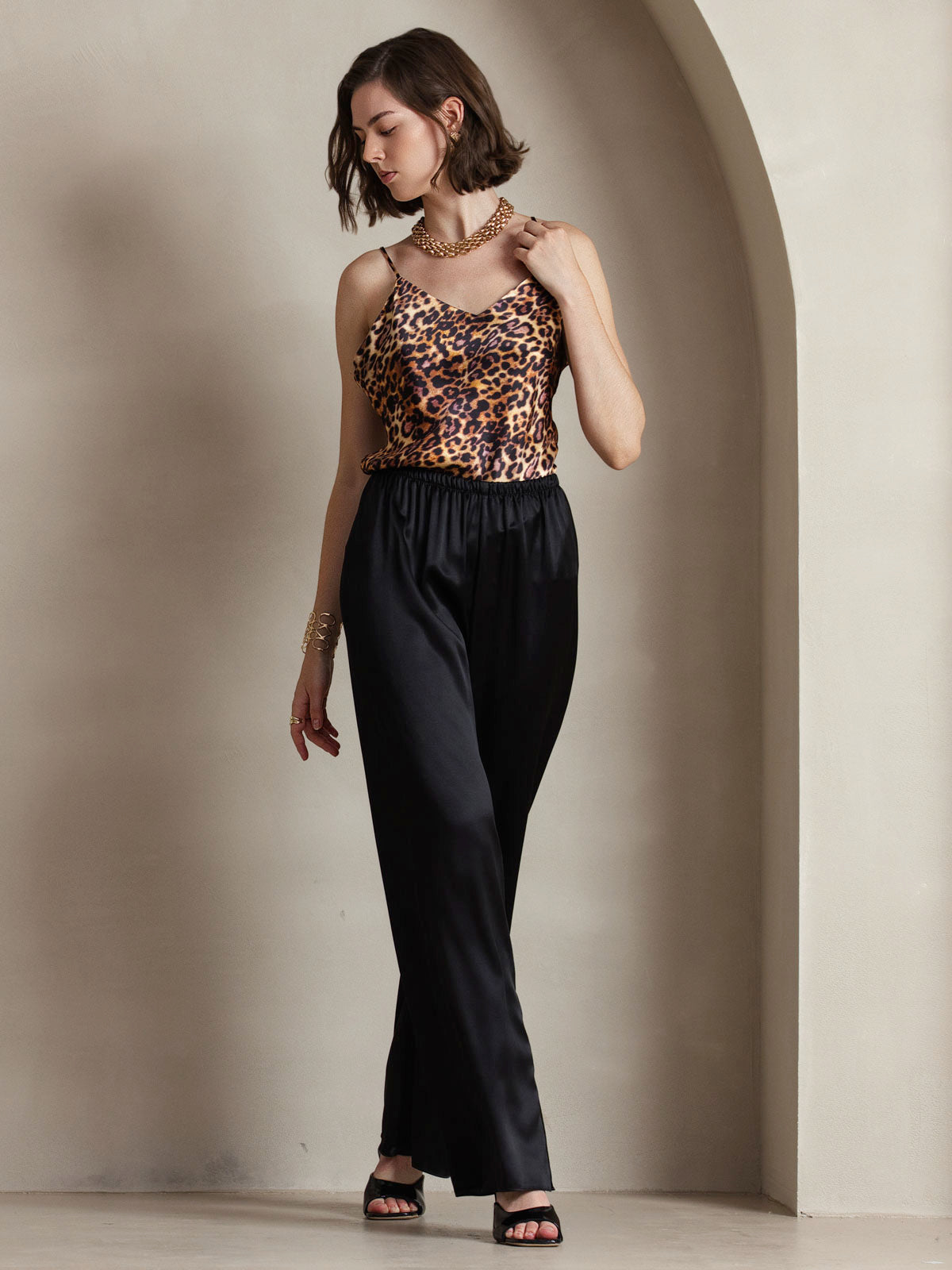 [Leopard] SilkSilky-FR Pure Soie Col en V Top À Fines Brides 006