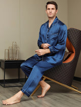 [Bleu Foncé] SilkSilky-FR Pure Soie Manches longues Revers Homme Pyjamas 006