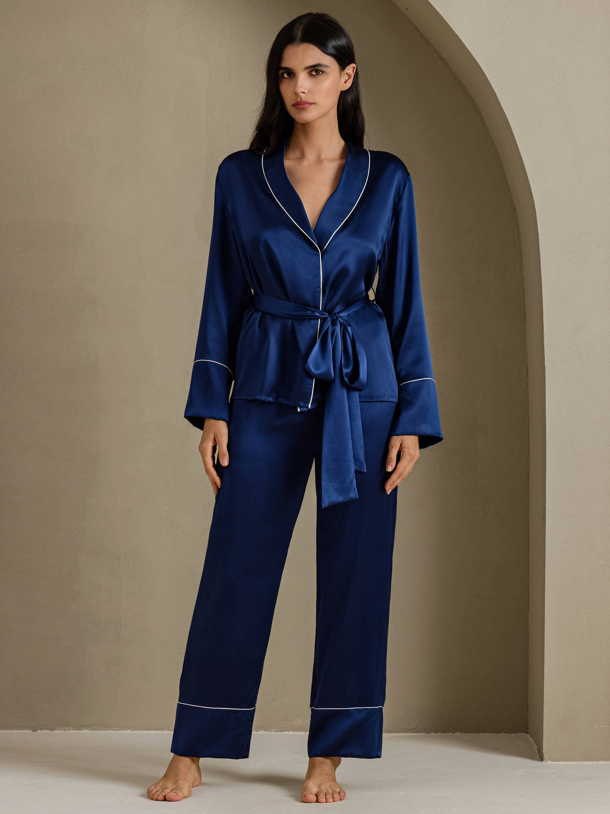 [Bleu Foncé] SilkSilky-FR Long Sleeve Shawl Collar Femme Pyjamas 001