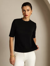 [Noir] SilkSilky-FR Half Sleeve Crew Neck Femme T-Shirt 007