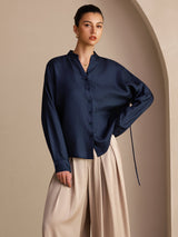 [Bleu Foncé] SilkSilky-FR Long Sleeve Blouse 003