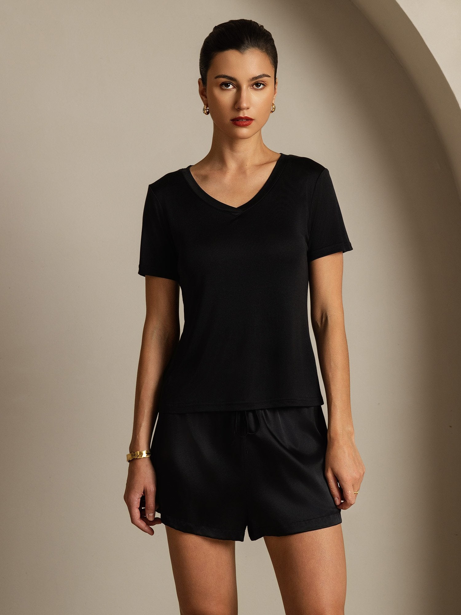 [Noir] SilkSilky-FR Soie Womens T-Shirt 001